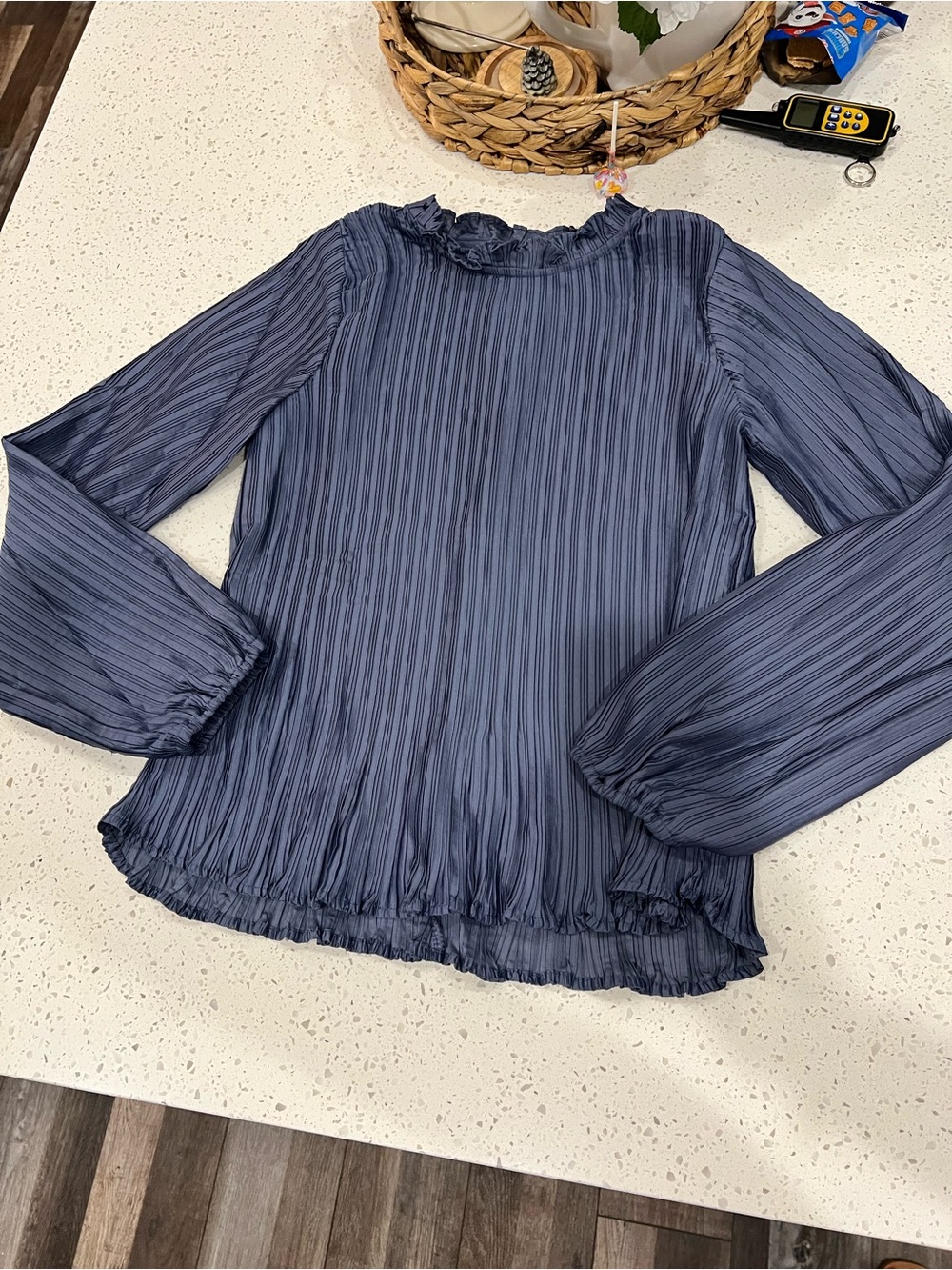 easel Navy Pleated Ruffle-Neck Long Sleeve Blouse